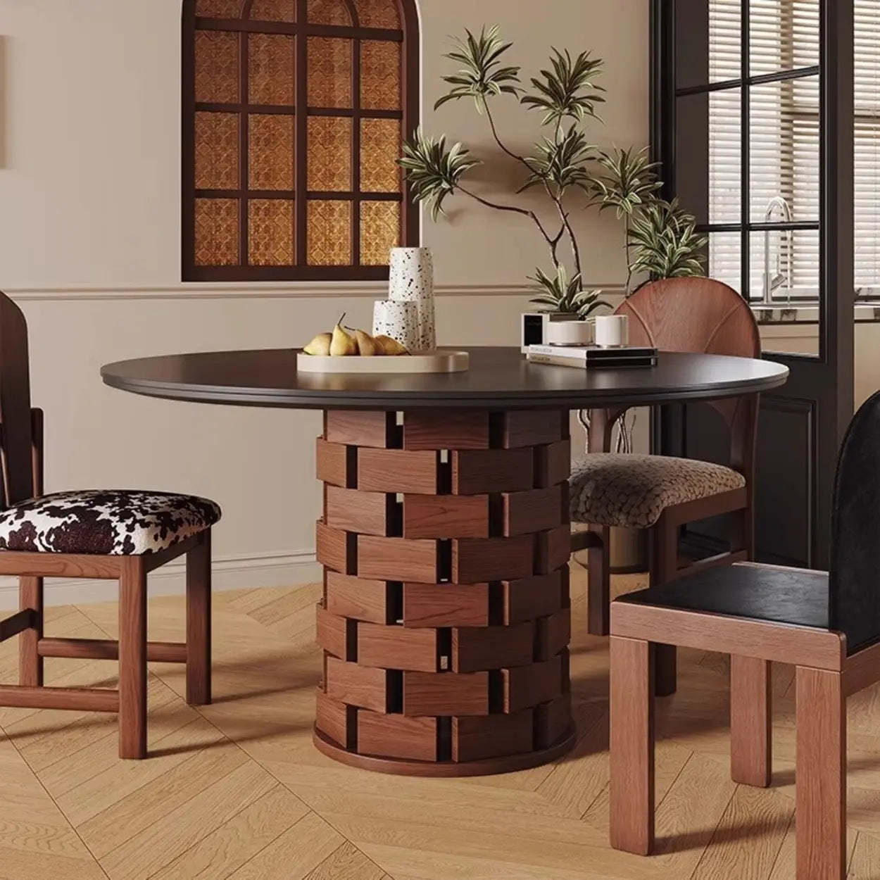 Mid-Century Wood Brick Pedestal Round Dining Table — Table Only