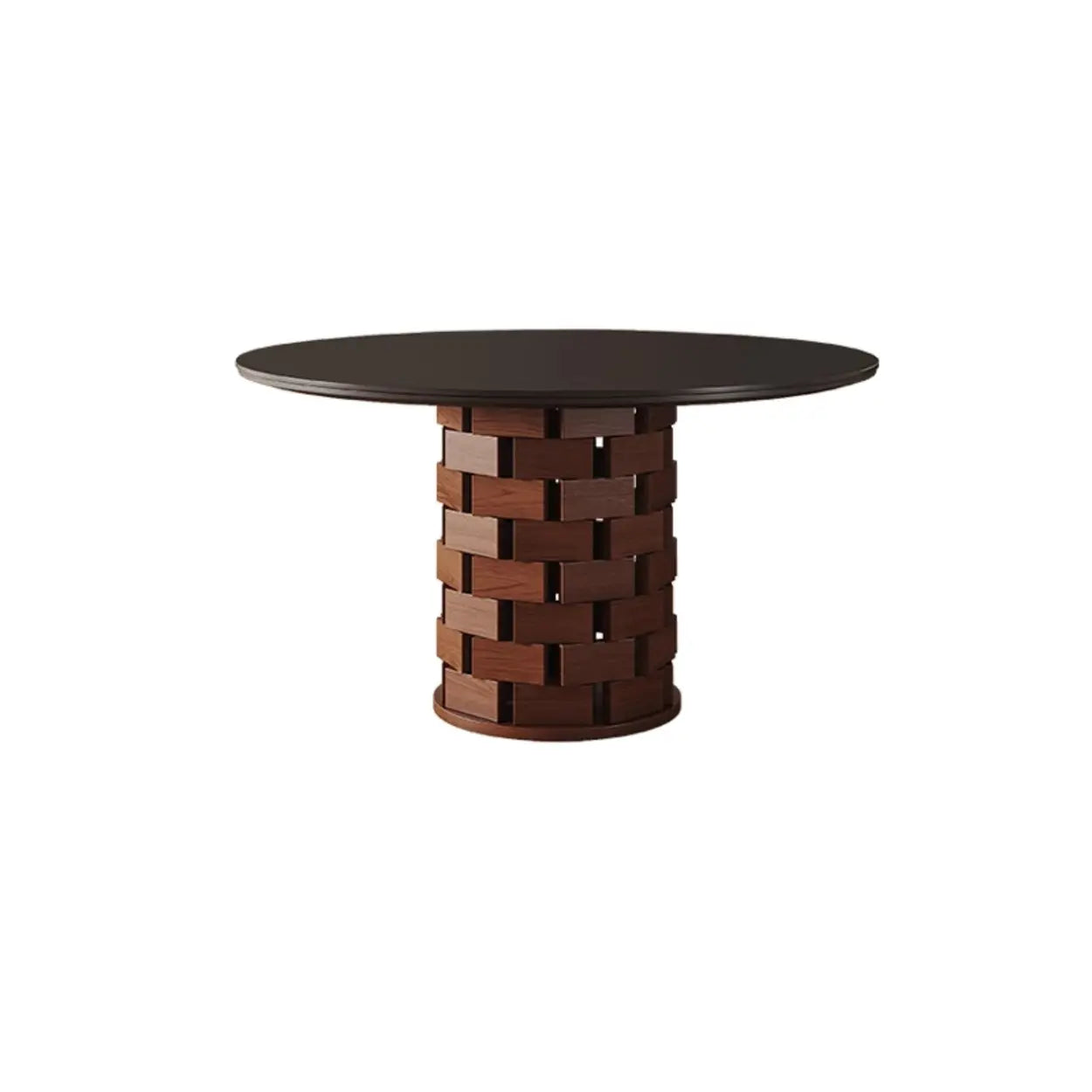 Mid-Century Wood Brick Pedestal Round Dining Table — Table Only