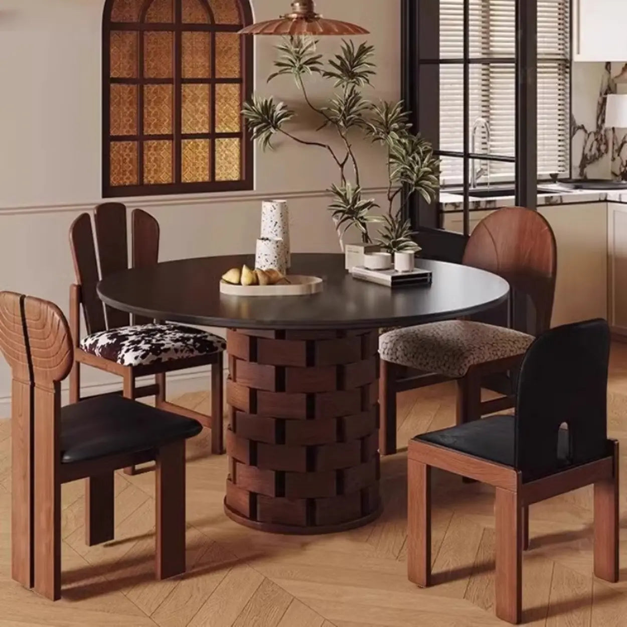 Mid-Century Wood Brick Pedestal Round Dining Table — Table Only