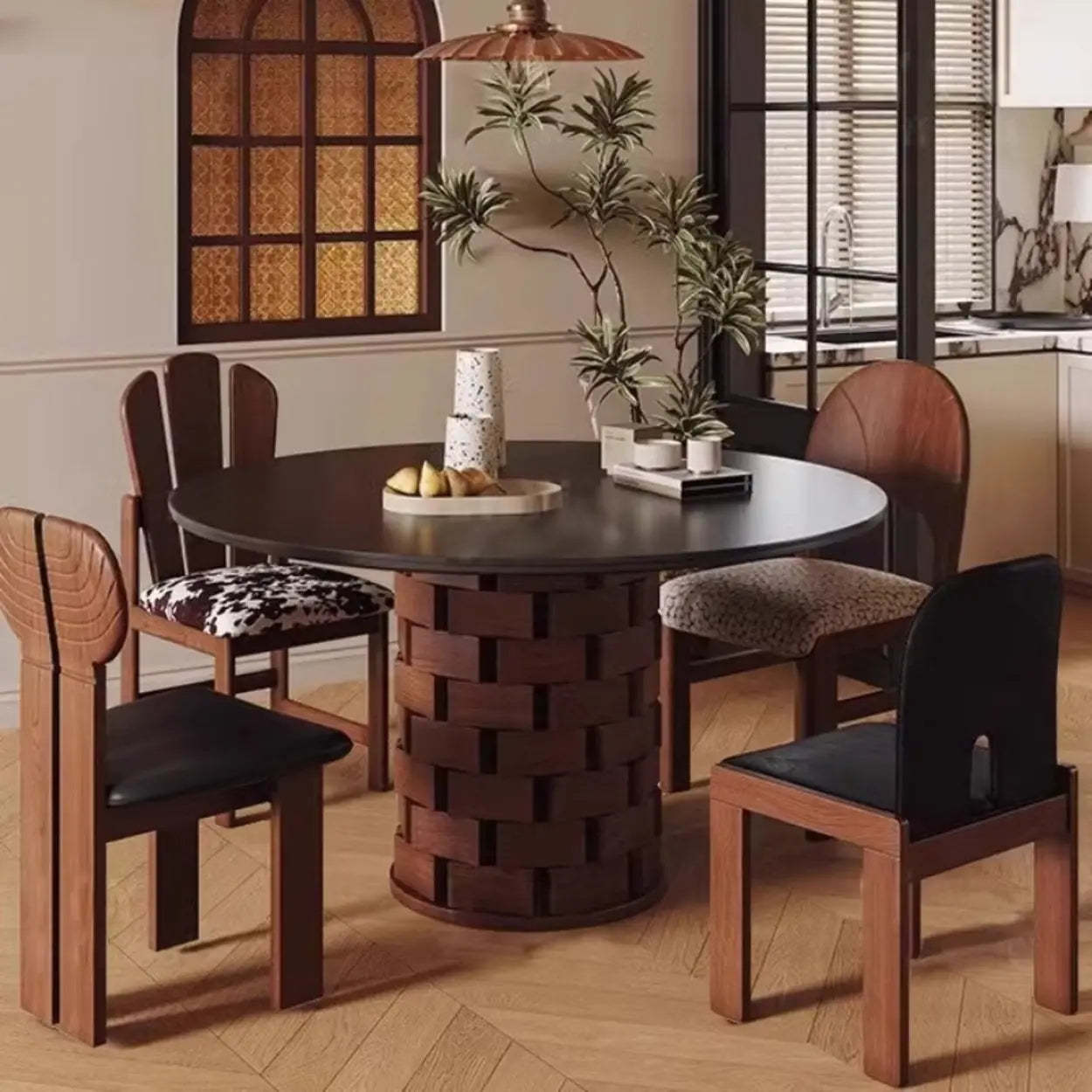 Mid-Century Wood Brick Pedestal Round Dining Table — Table Only