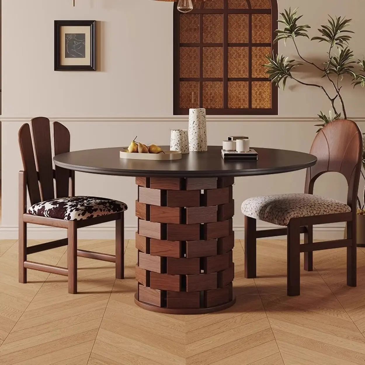 Mid-Century Wood Brick Pedestal Round Dining Table — Table Only
