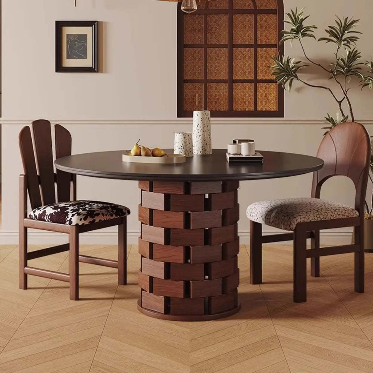 Mid-Century Wood Brick Pedestal Round Dining Table — Table Only