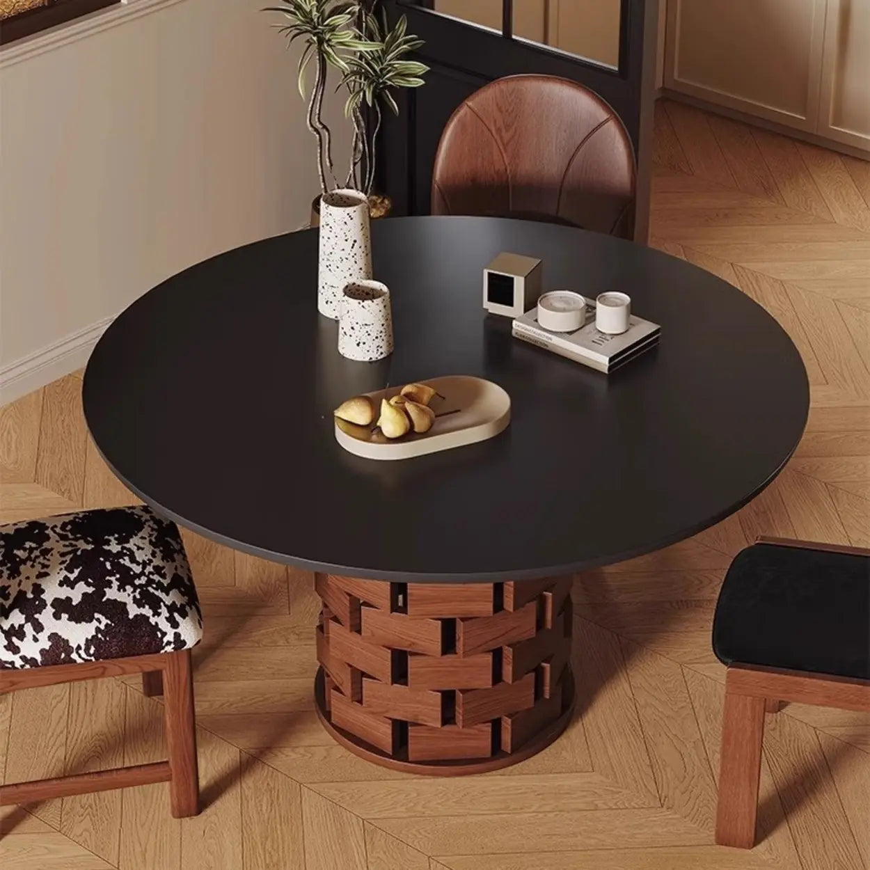 Mid-Century Wood Brick Pedestal Round Dining Table — Table Only
