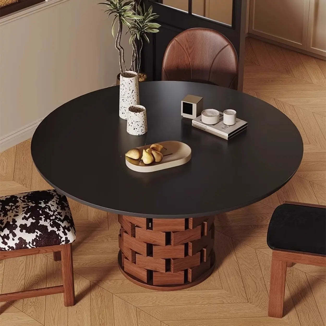 Mid-Century Wood Brick Pedestal Round Dining Table — Table Only