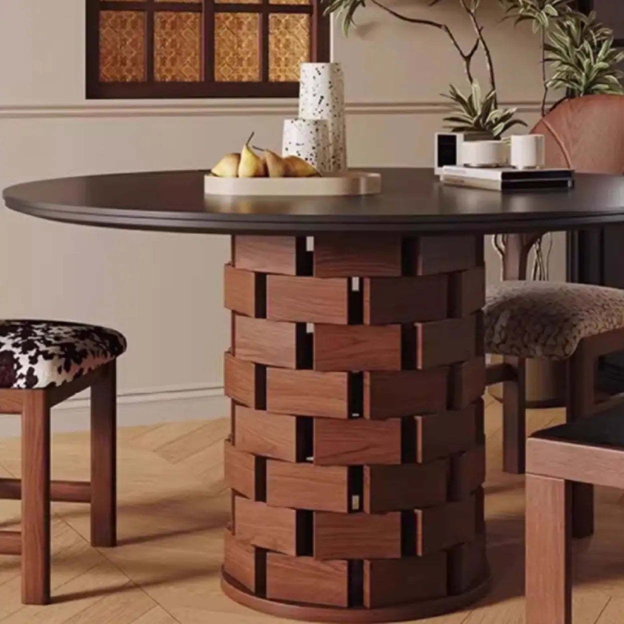 Mid-Century Wood Brick Pedestal Round Dining Table — Table Only