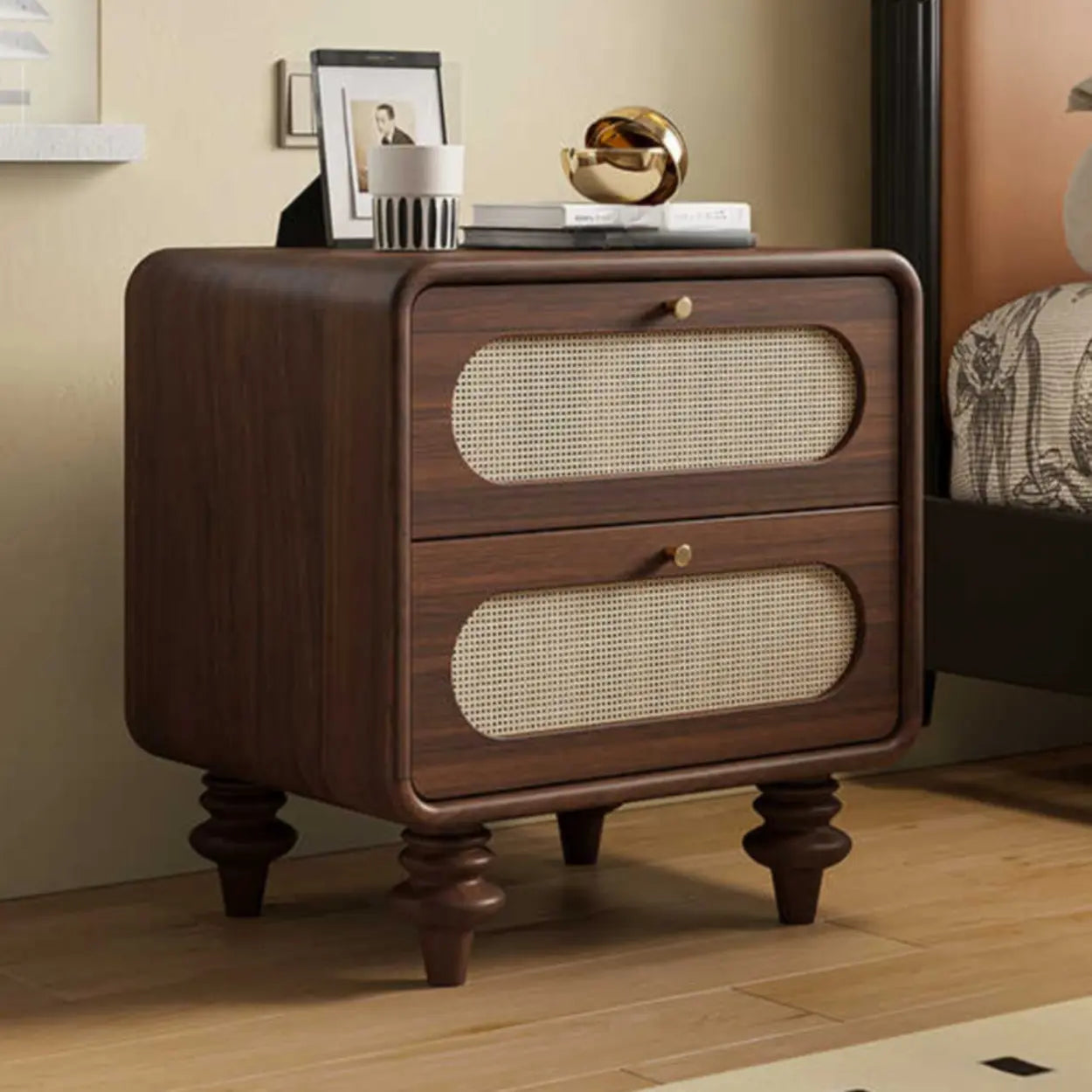Mid-Century Brown Wood 2-Drawer Nightstand