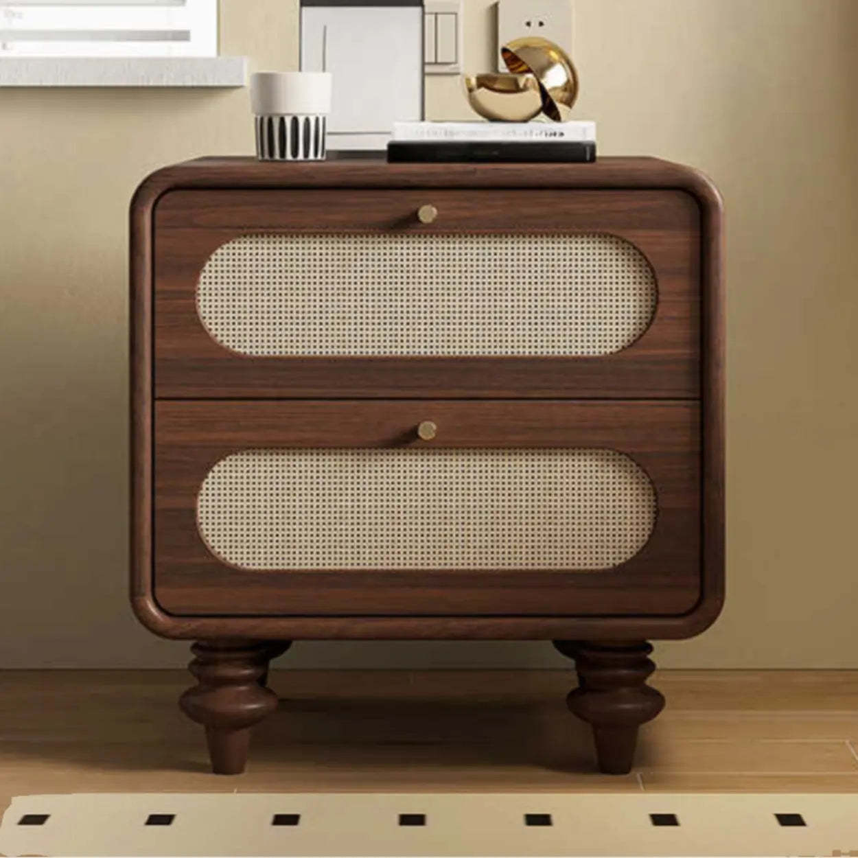 Mid-Century Brown Wood 2-Drawer Nightstand — Nut-Brown