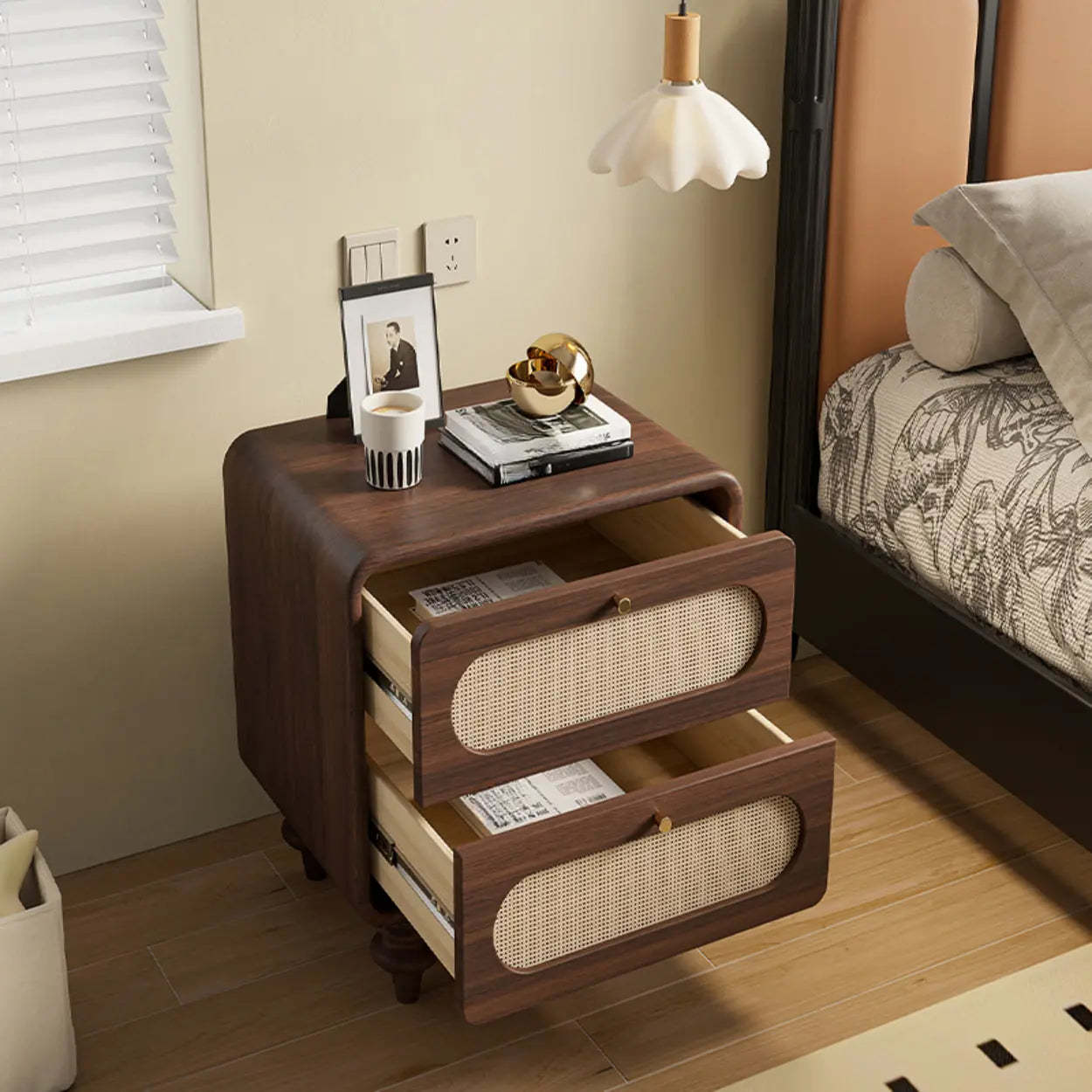 Mid-Century Brown Wood 2-Drawer Nightstand