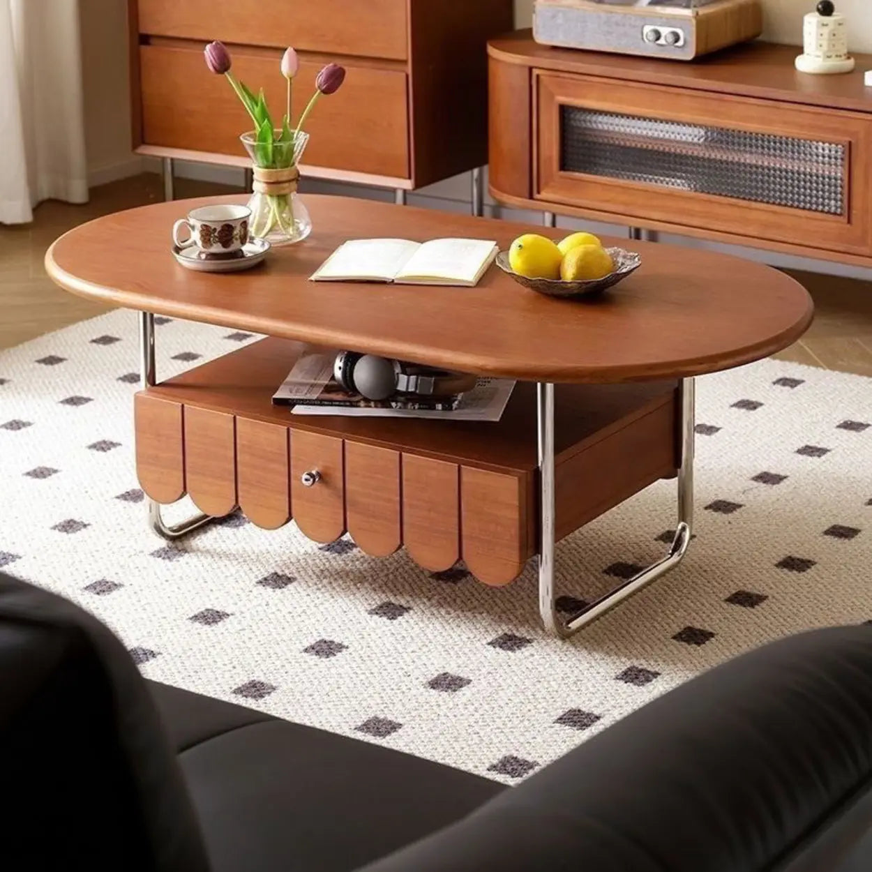 Mid-Century Brown Wood Oval Coffee Table with Drawer