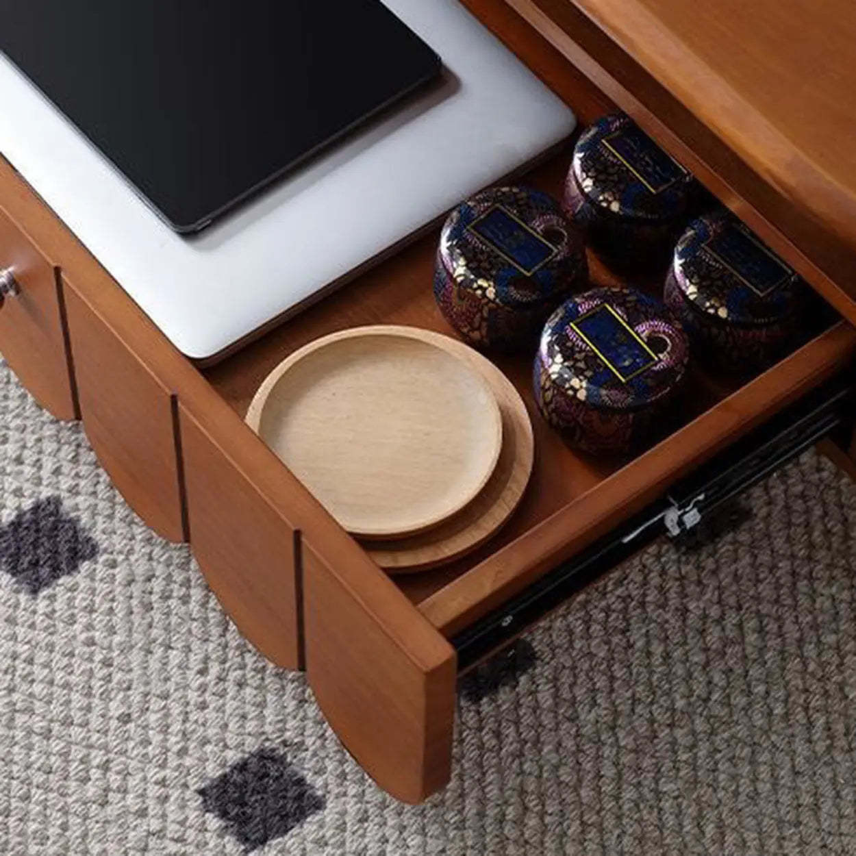 Mid-Century Brown Wood Oval Coffee Table with Drawer