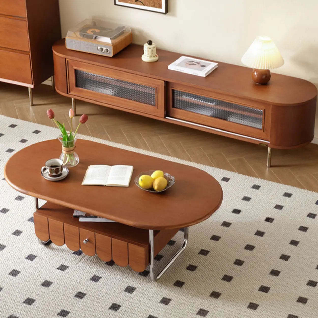 Mid-Century Brown Wood Oval Coffee Table with Drawer
