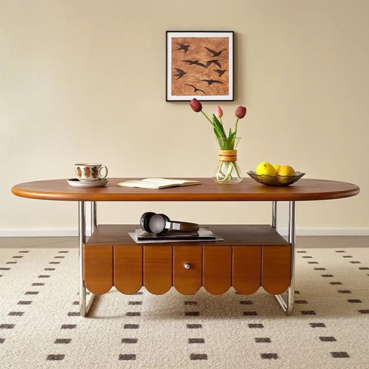Mid-Century Brown Wood Oval Coffee Table with Drawer