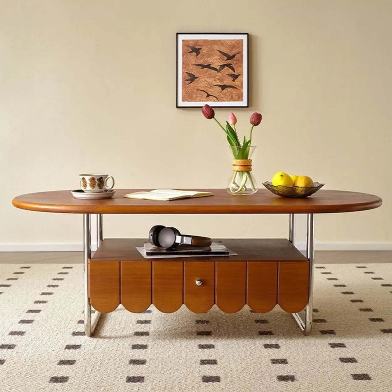 Mid-Century Brown Wood Oval Coffee Table with Drawer