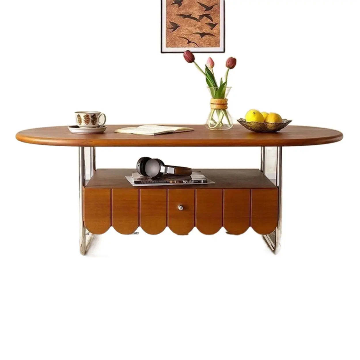 Mid-Century Brown Wood Oval Coffee Table with Drawer