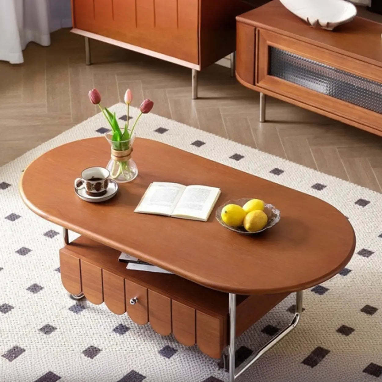 Mid-Century Brown Wood Oval Coffee Table with Drawer