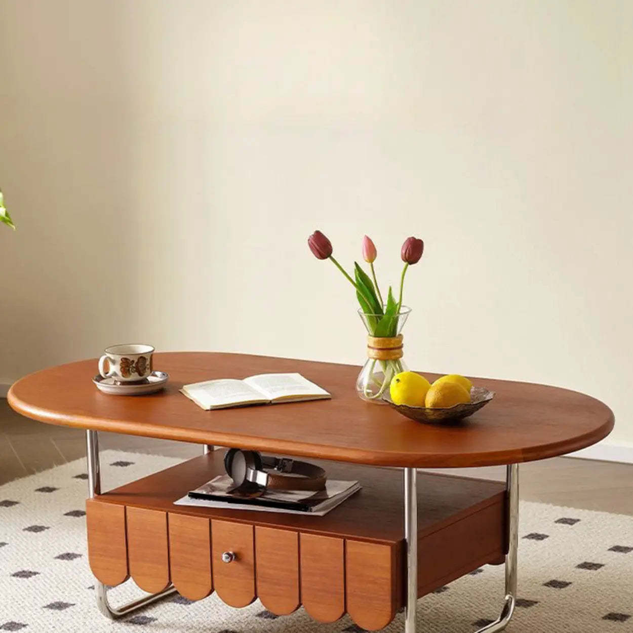 Mid-Century Brown Wood Oval Coffee Table with Drawer