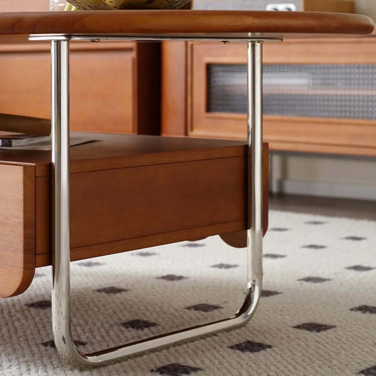Mid-Century Brown Wood Oval Coffee Table with Drawer