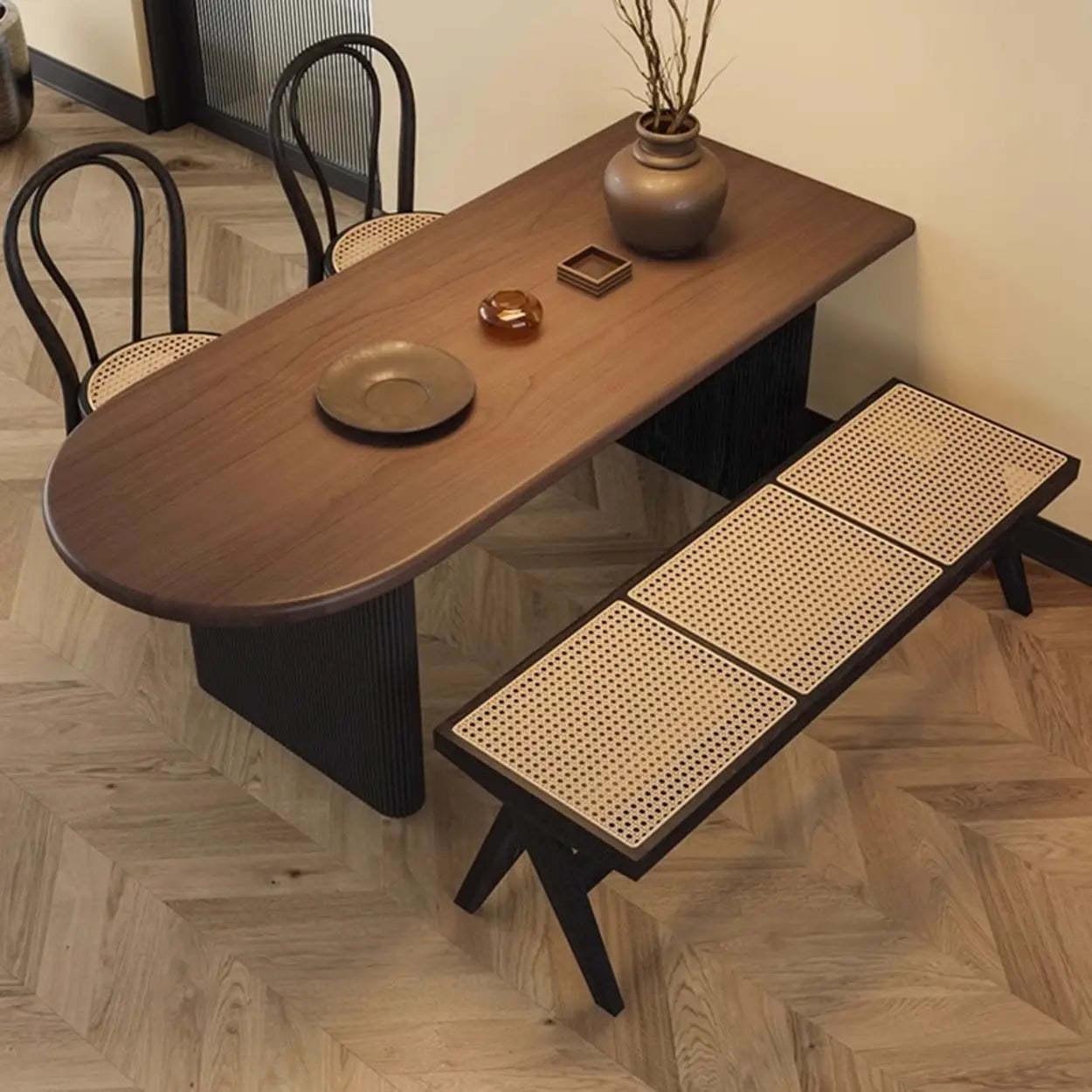 Mid-Century Brown Wood Oval Dining Table — Table Only