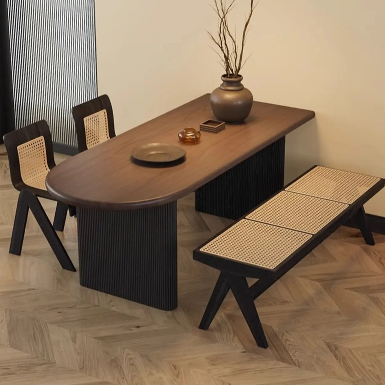 Mid-Century Brown Wood Oval Dining Table — Table Only