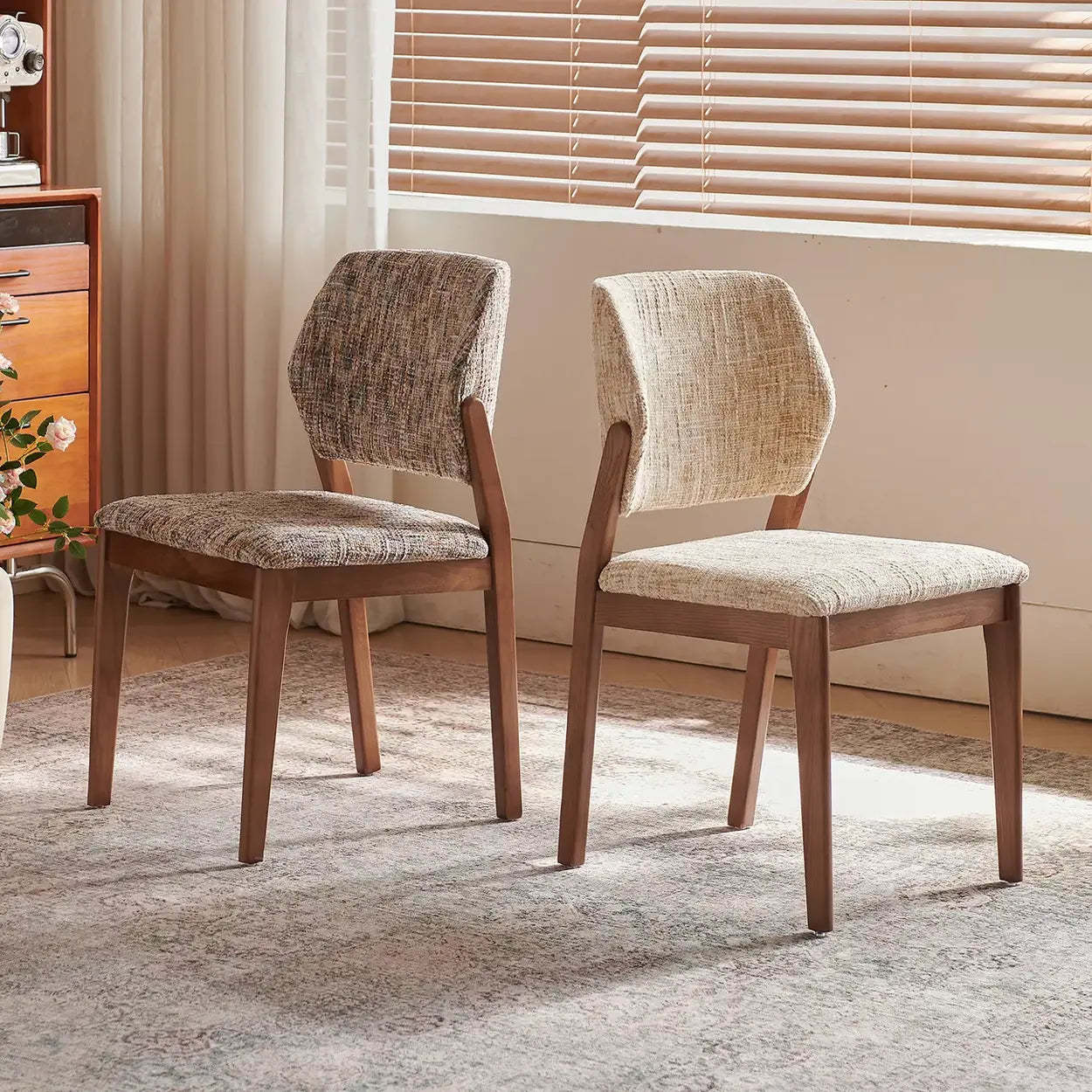 Mid-Century Wood Chenille Curved Back Dining Chair — Off-white