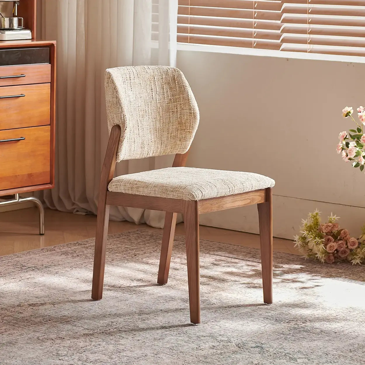 Mid-Century Wood Chenille Curved Back Dining Chair — Gray