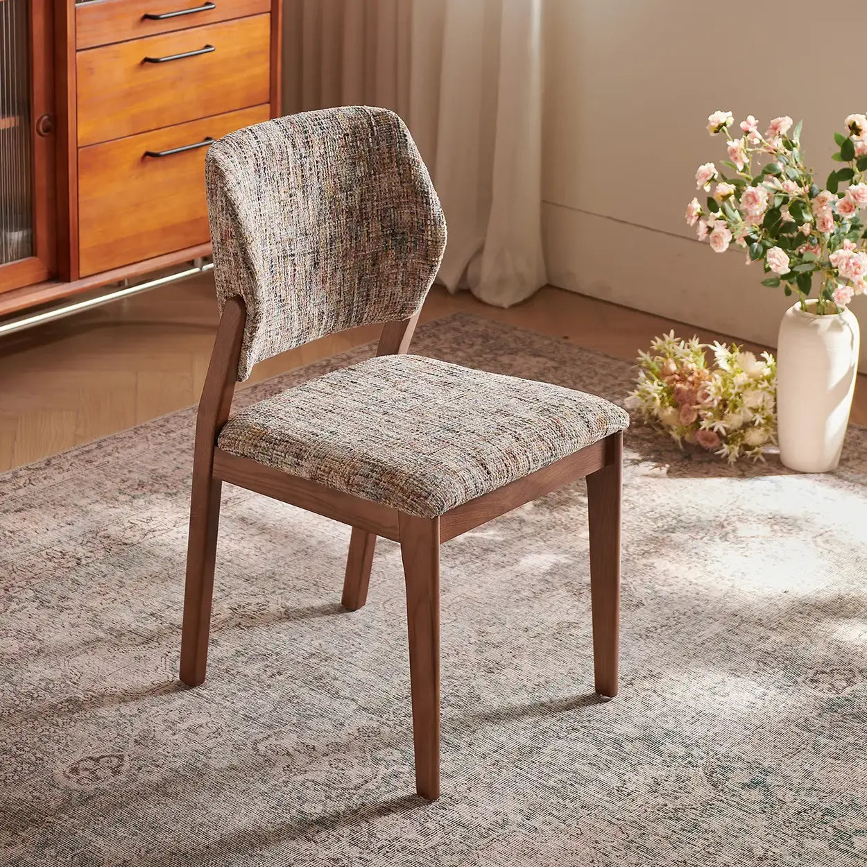 Mid-Century Wood Chenille Curved Back Dining Chair