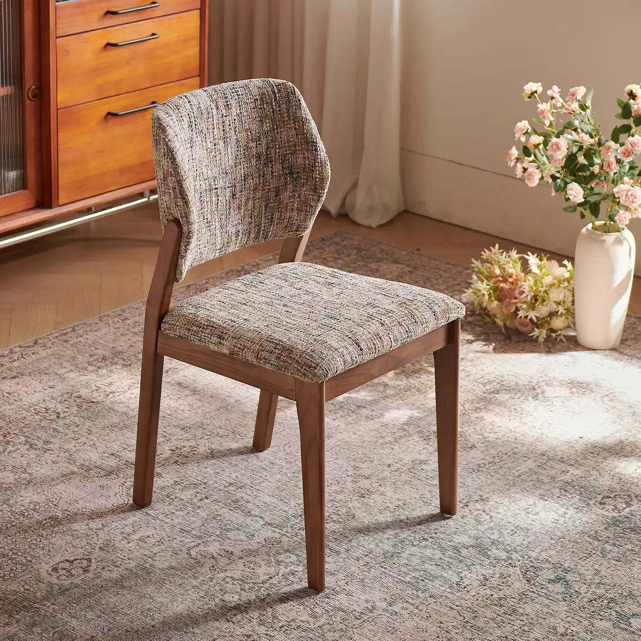 Mid-Century Wood Chenille Curved Back Dining Chair