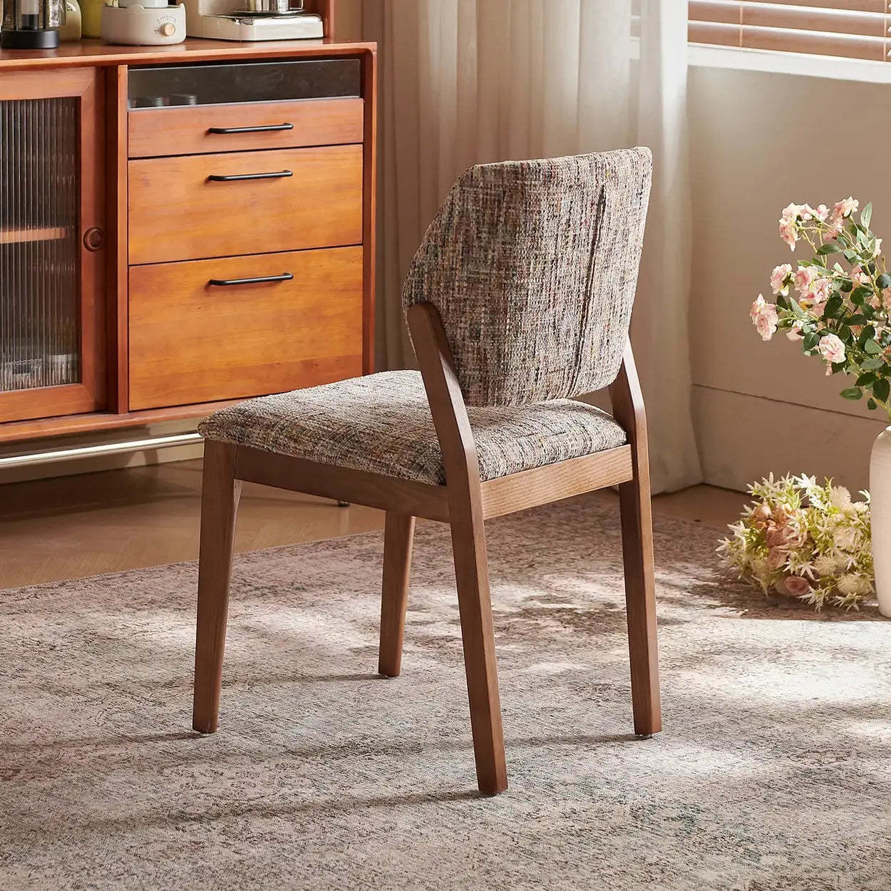 Mid-Century Wood Chenille Curved Back Dining Chair