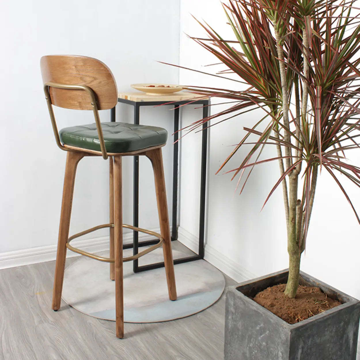 Mid-Century Wood Leather Tufted Bar Stool