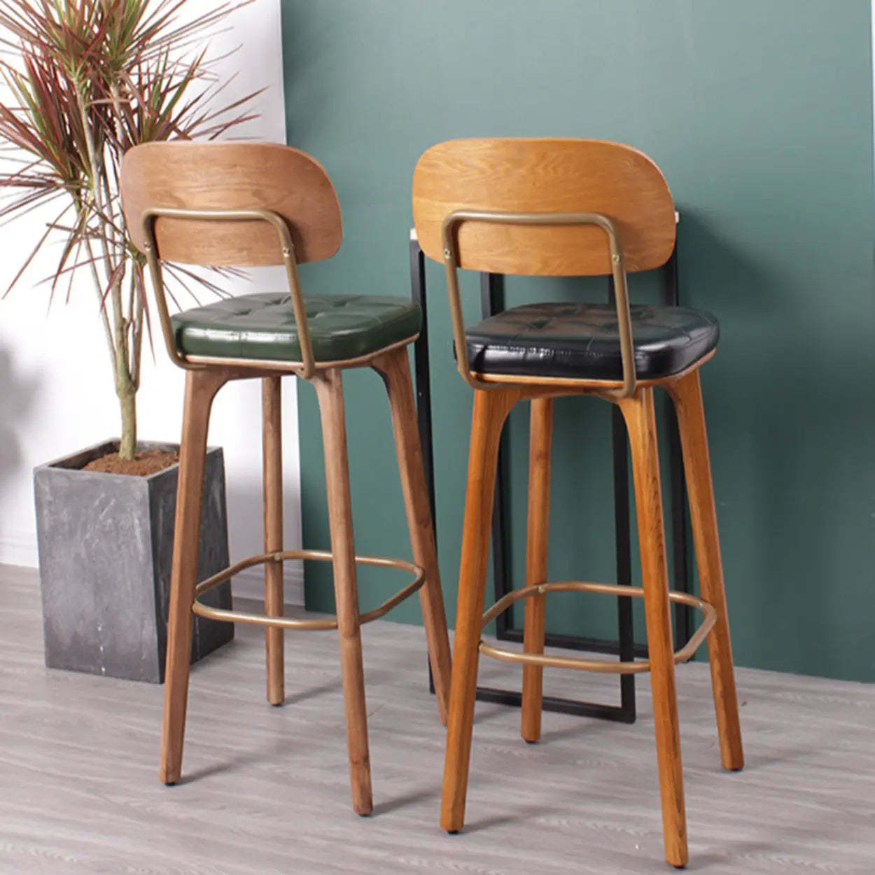Mid-Century Wood Leather Tufted Bar Stool