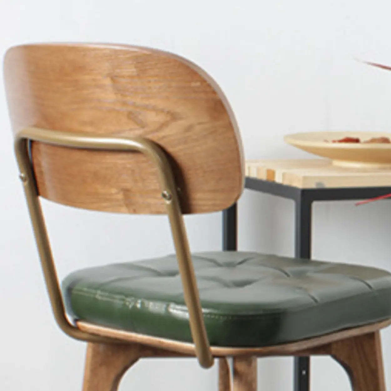 Mid-Century Wood Leather Tufted Bar Stool