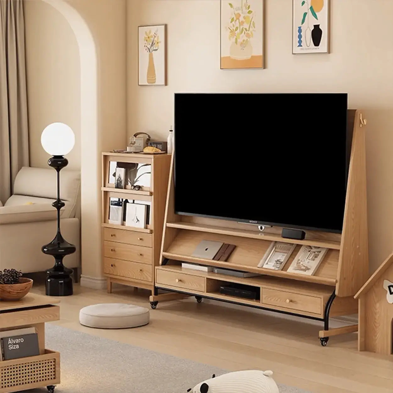Mid-Century Wood Adjustable TV Mount Stand — Walnut color / Drawer / 40”-65”