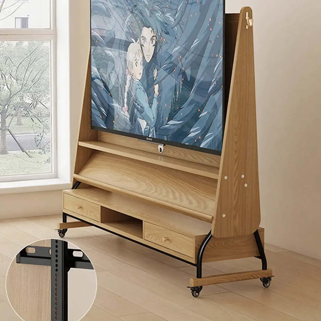 Mid-Century Wood Adjustable TV Mount Stand — Walnut color / Drawer / 60”-75”