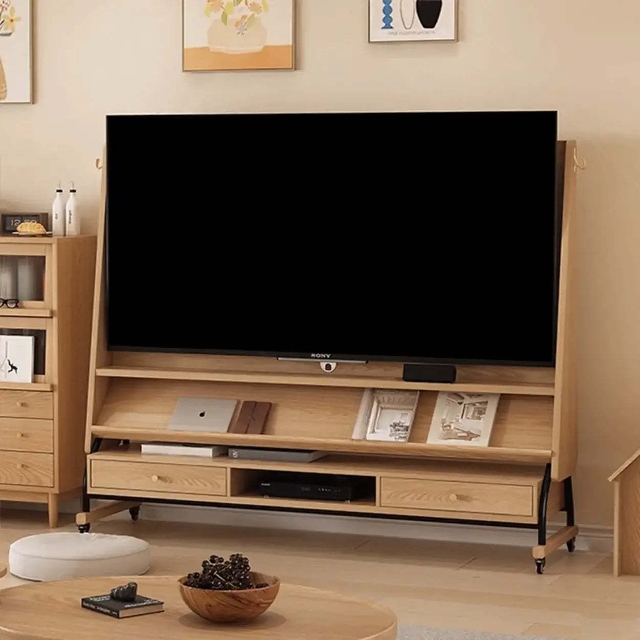 Mid-Century Wood Adjustable TV Mount Stand — Walnut color / No-drawers / 60”-75”