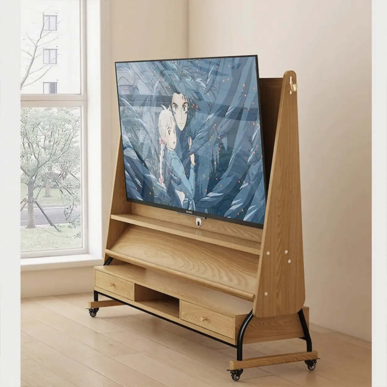 Mid-Century Wood Adjustable TV Mount Stand — Burlywood / Drawer / 26”-50”