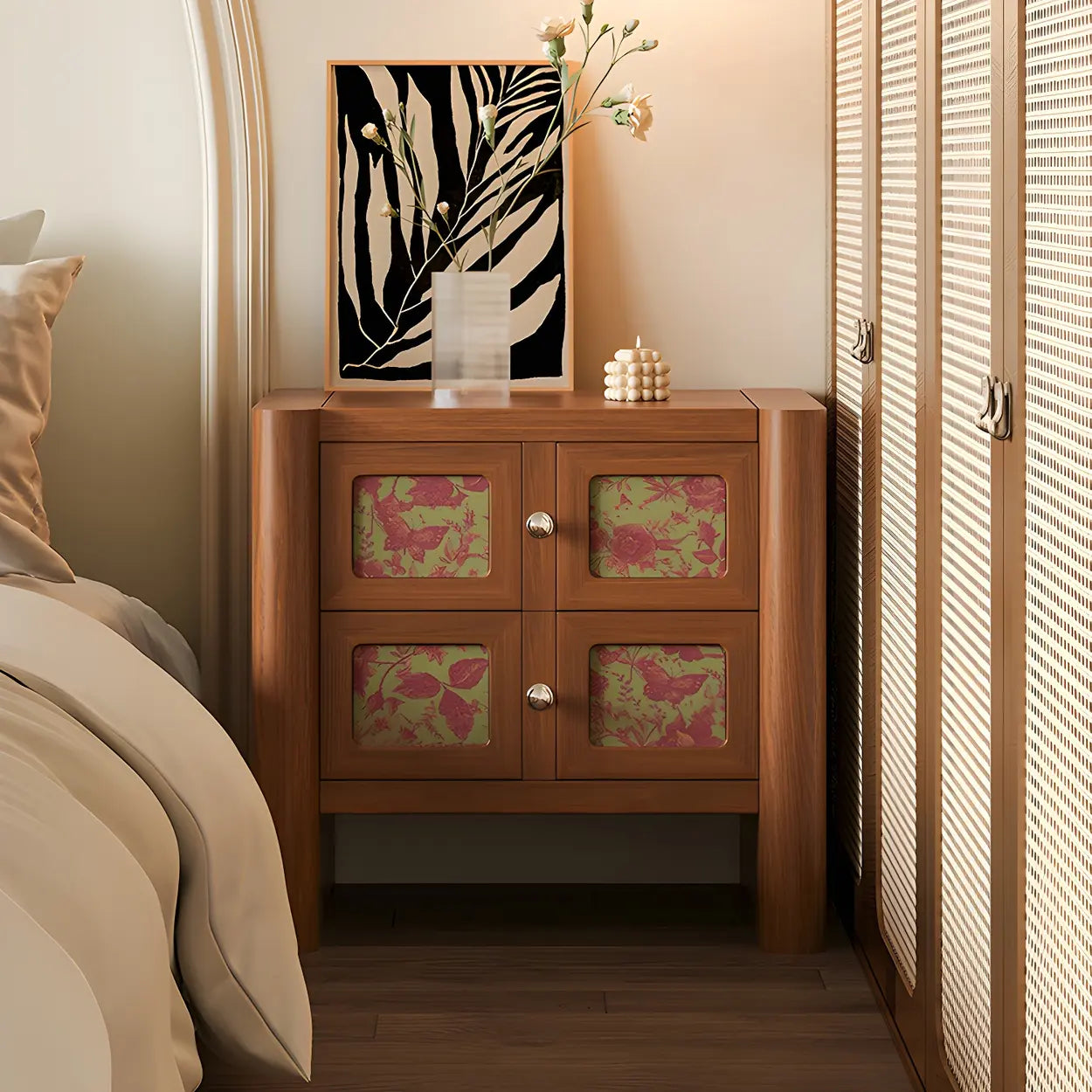 Mid-Century Wood Nightstand with Drawer — Brown/ Flower / 2 Piece Set