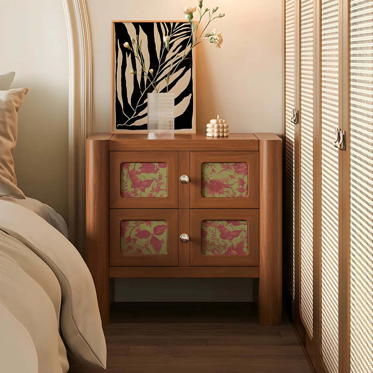 Mid-Century Wood Nightstand with Drawer — Brown/ Flower / 2 Piece Set
