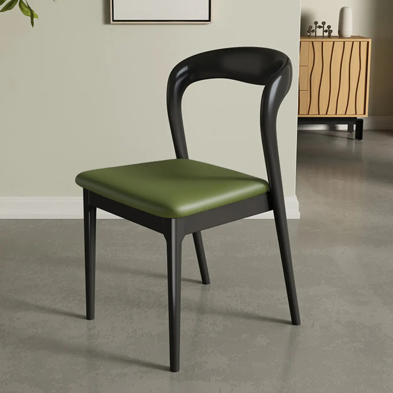 Mid-Century Wood Open-Back Upholstered Dining Chair — Green / Walnut
