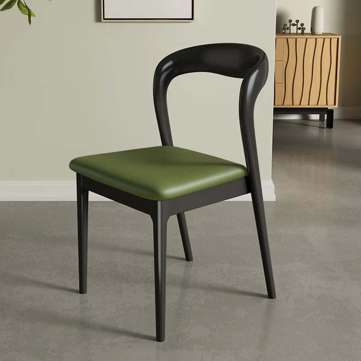 Mid-Century Wood Open-Back Upholstered Dining Chair — Green / Walnut