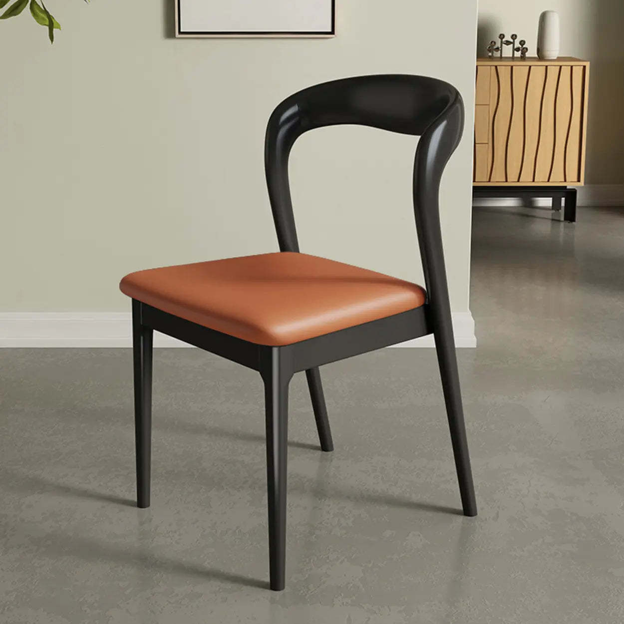 Mid-Century Wood Open-Back Upholstered Dining Chair — Black / Walnut