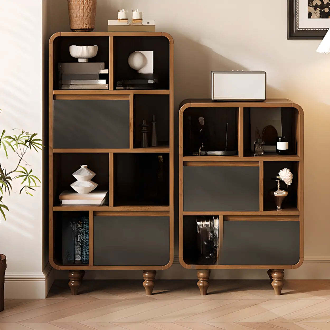Mid-Century Wood Rounded Edge Drawer Shelf Bookcase — 1 Door & 1 Drawer