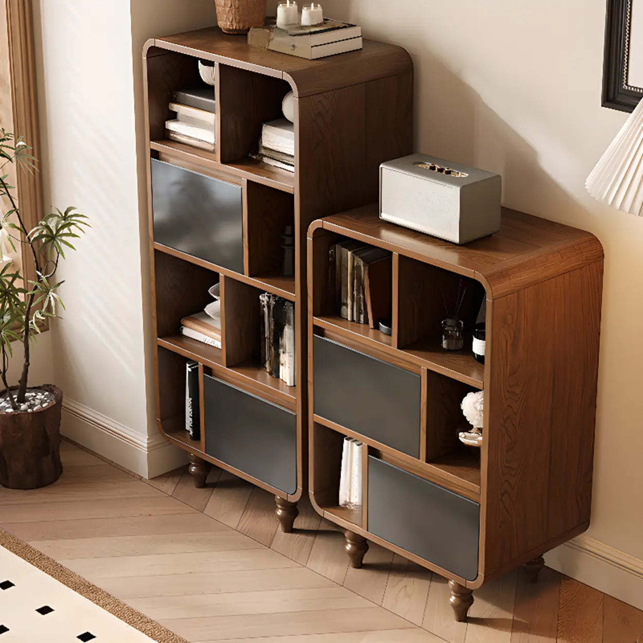 Mid-Century Wood Rounded Edge Drawer Shelf Bookcase — 2 Drawers
