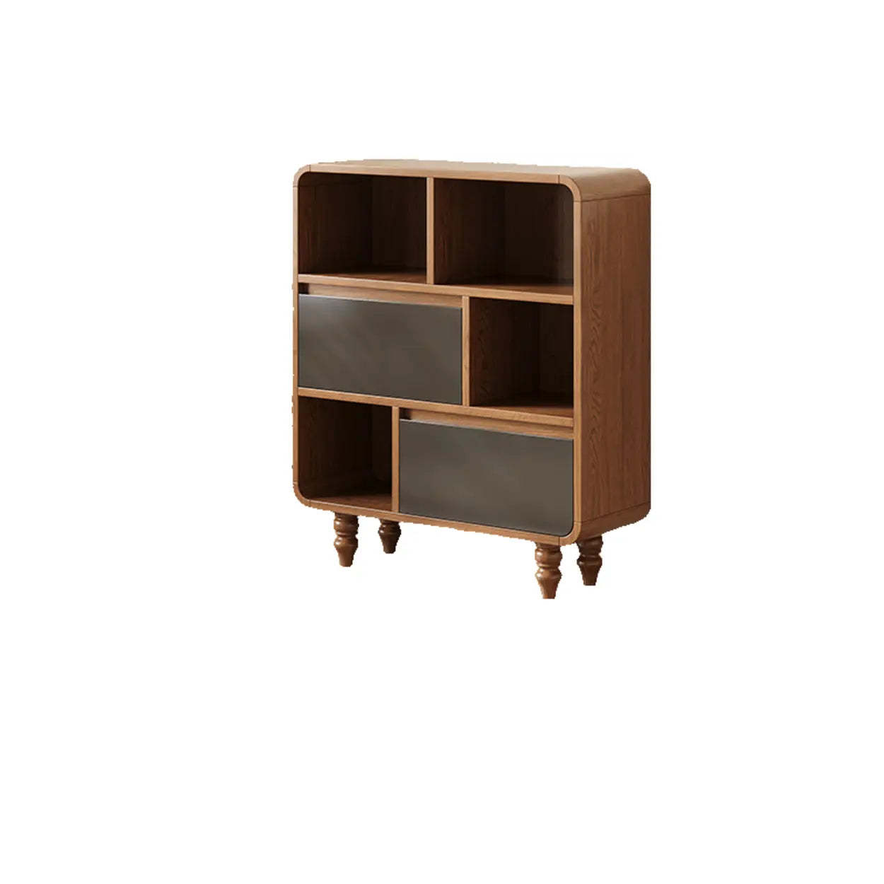 Mid-Century Wood Rounded Edge Drawer Shelf Bookcase — 2 Doors 2 Drawers