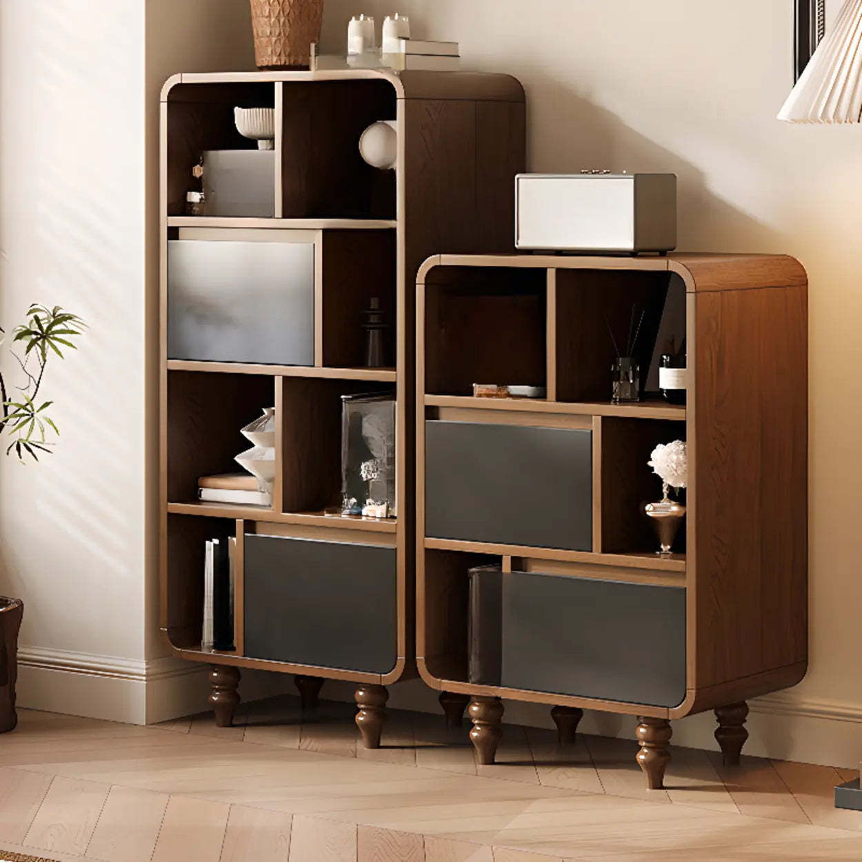 Mid-Century Wood Rounded Edge Drawer Shelf Bookcase — 2 Drawers