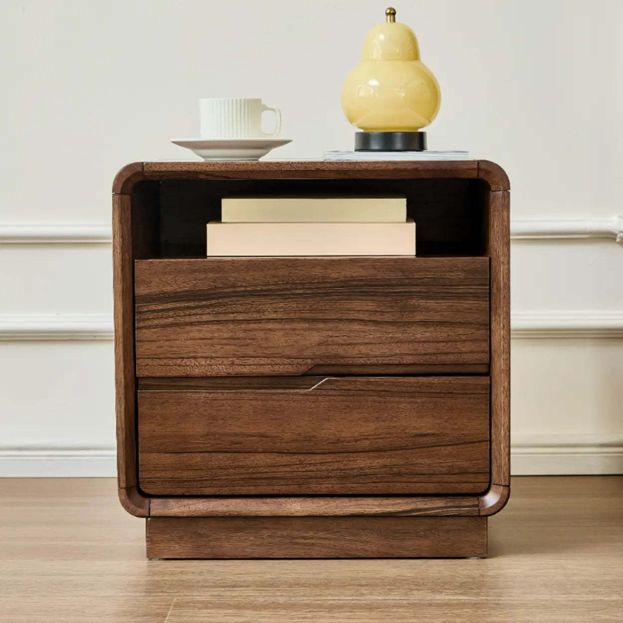 Mid-Century Walnut Wood Nightstand with Drawers
