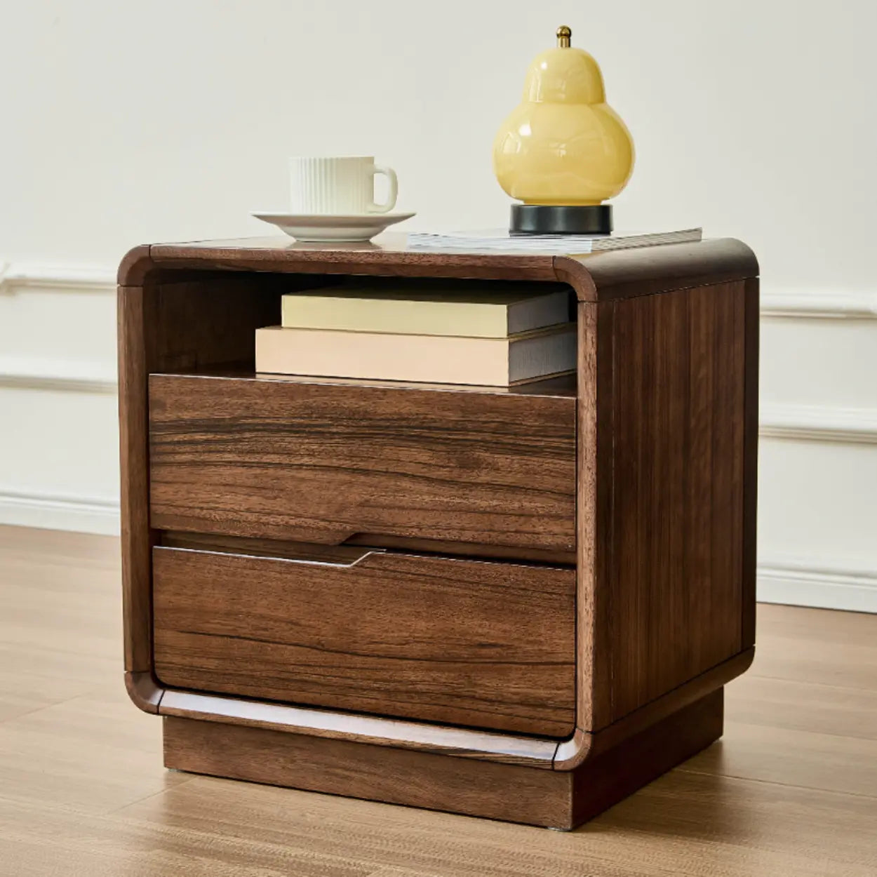Mid-Century Walnut Wood Nightstand with Drawers