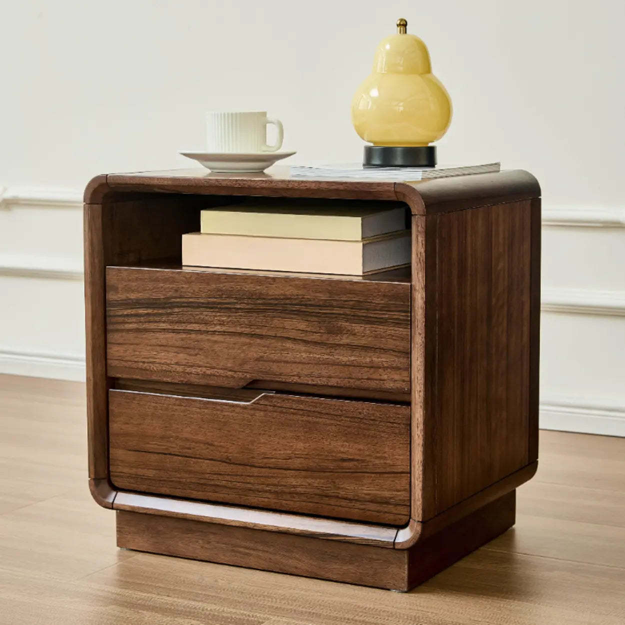 Mid-Century Walnut Wood Nightstand with Drawers