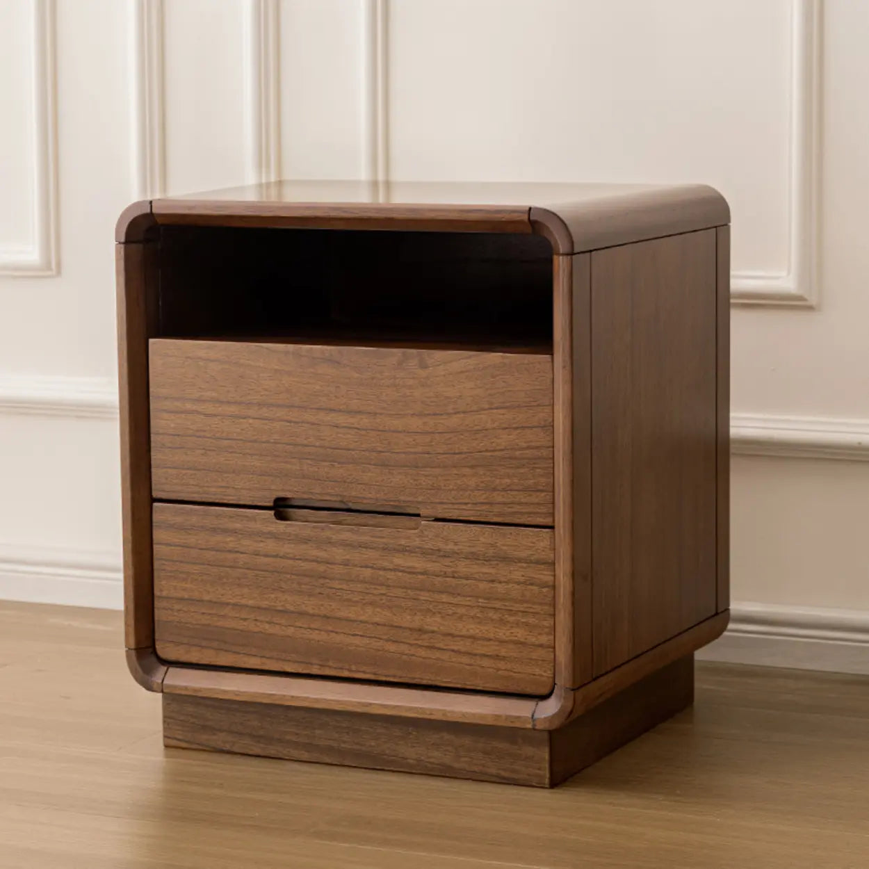 Mid-Century Walnut Wood Nightstand with Drawers
