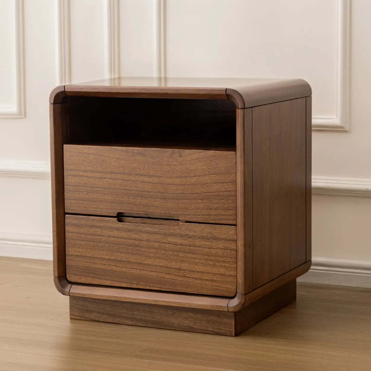 Mid-Century Walnut Wood Nightstand with Drawers