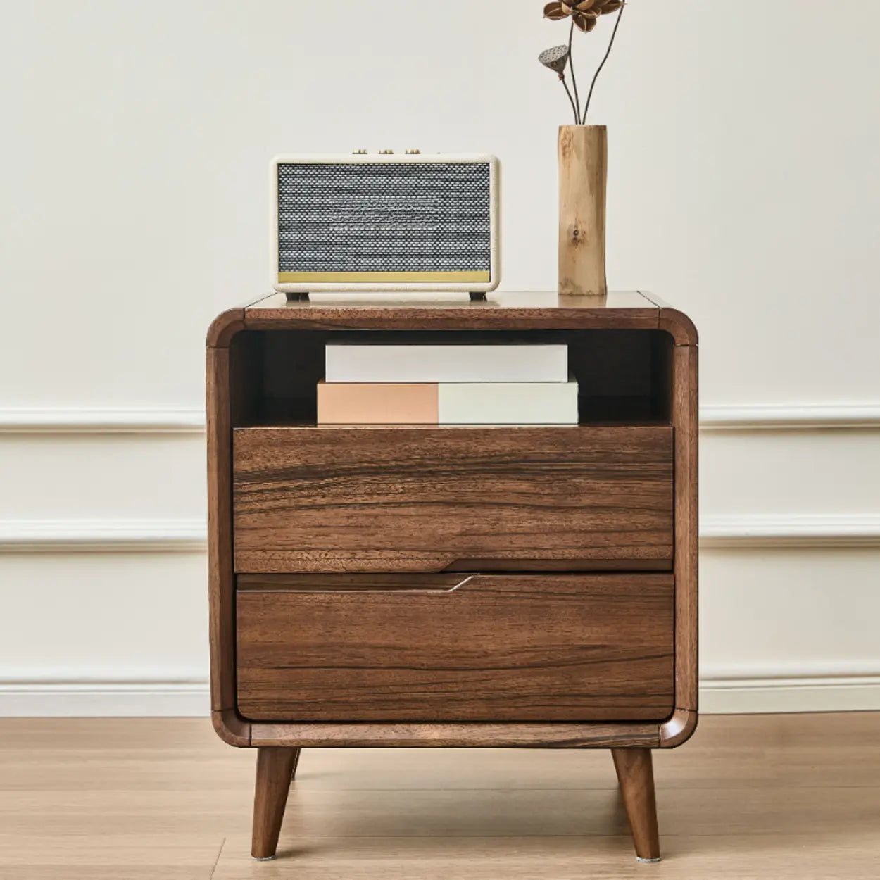 Mid-Century Walnut Wood Nightstand with Drawers